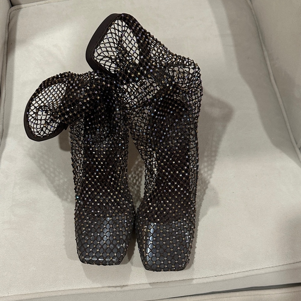Aldo Brown Fishnet Rhinestone Stiletto Booties